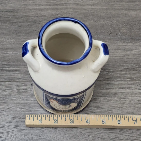 Vtg Farmhouse Chicken Ceramic Milk Can Utensil Holder Blue White - Picture 6 of 8